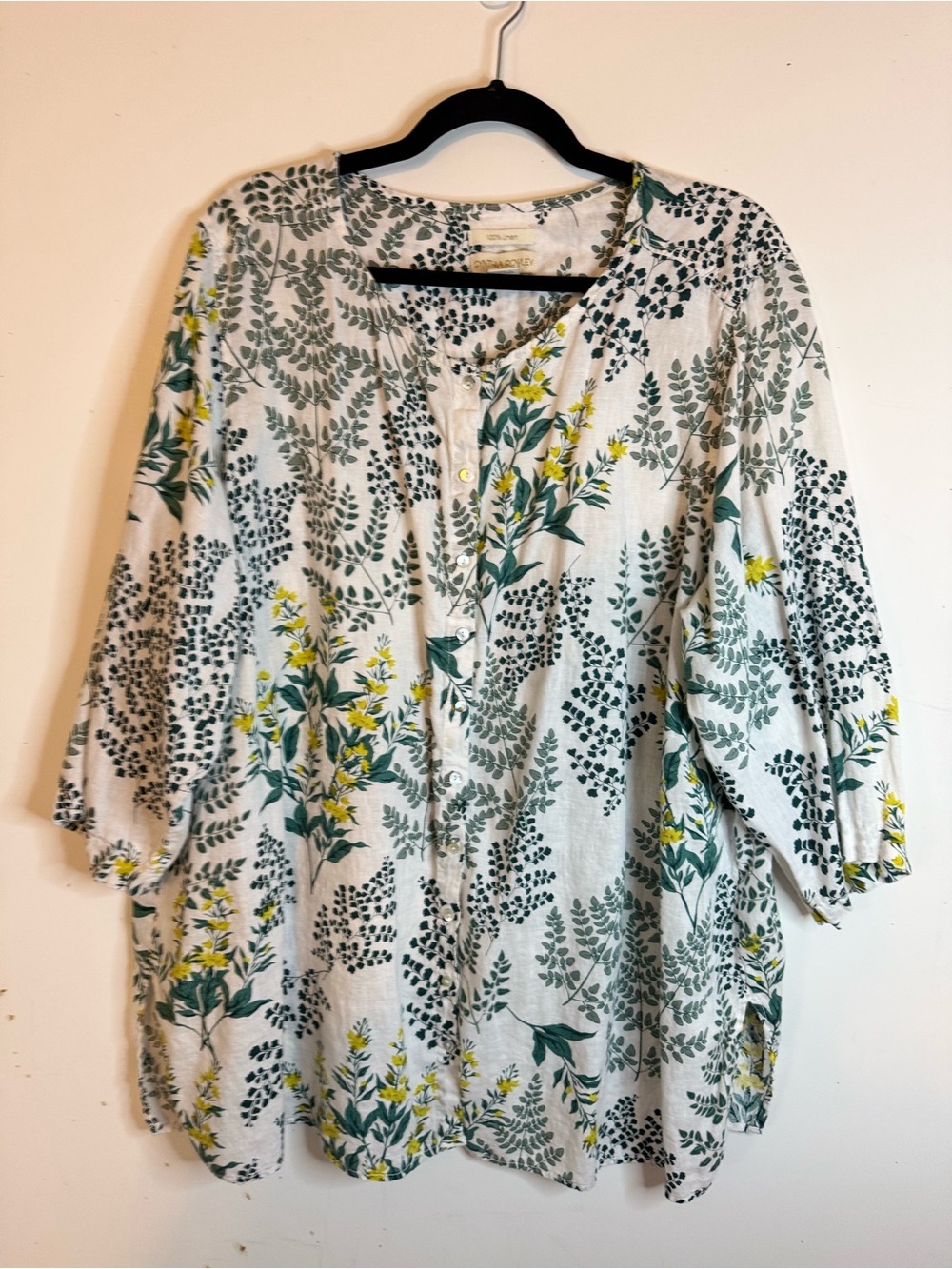 Cynthia Rowley Button-Front Tunic w/ Green, White, Yellow Floral PrintSz 3X Line